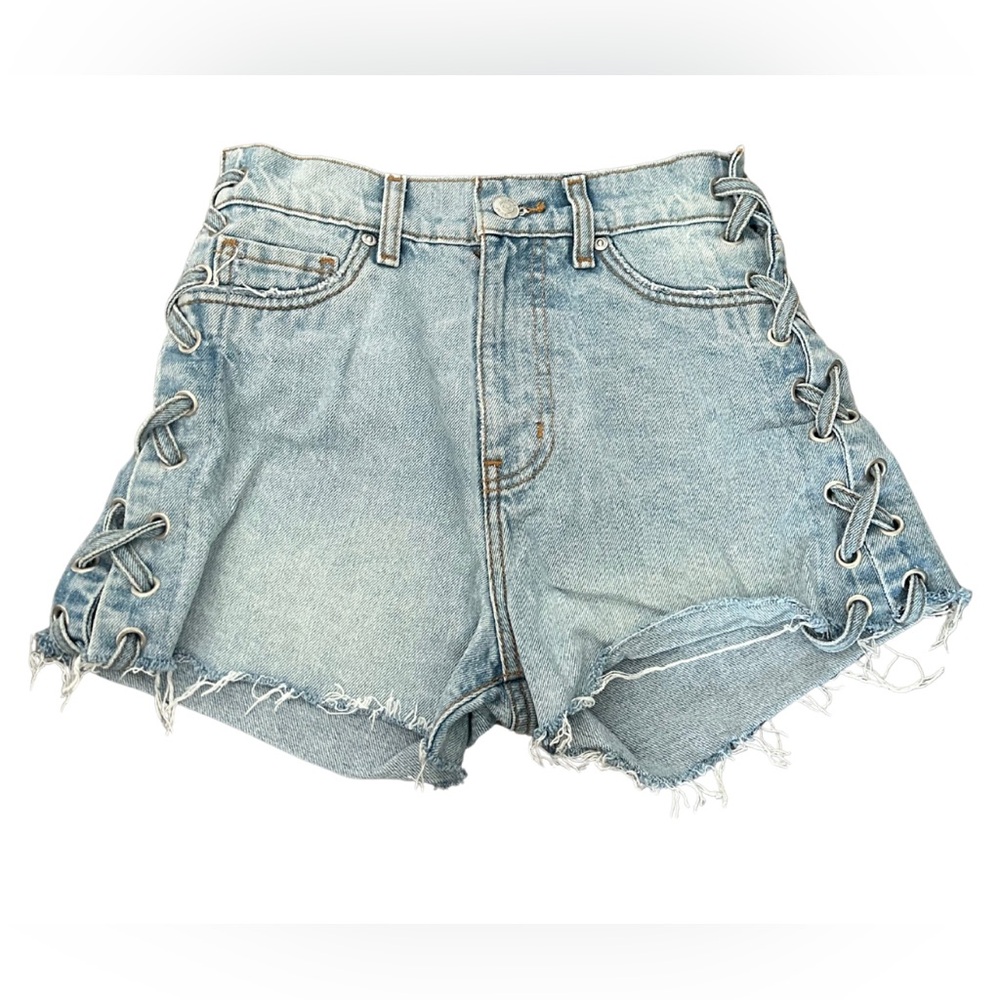 REVICE Denim Laced High Waist Denim Shorts | Light Blue Wash | Size 25